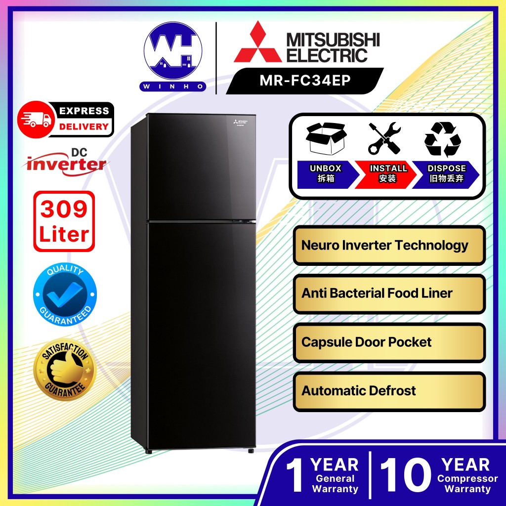 Mitsubishi MR-FC34EP Inverter 2 Door 309 Liter Auto Defrost Refrigerator MR-FC34EP-OB-ML (Onyx Black / Brown)