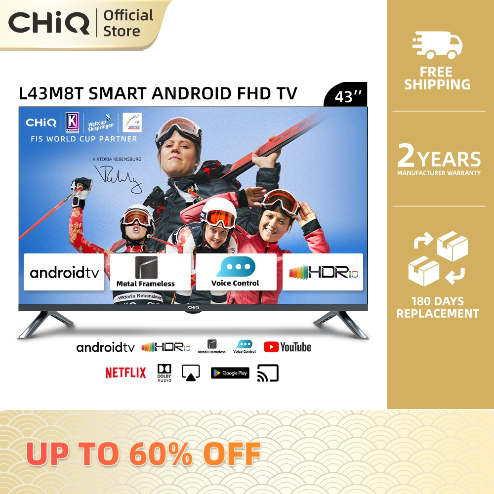 CHiQ TV 43” Metal Full Screen Android TV 11 FHD Smart TV/Google Assistant/Voice Control/HDR /Dolby Audio/Netflix L43M8T