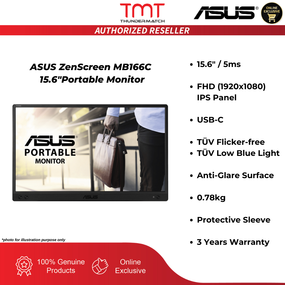 ASUS ZenScreen MB166C 15.6" Portable Monitor | 5ms | FHD (1920x1080) | IPS Panel | USB-C | TÜV Flick