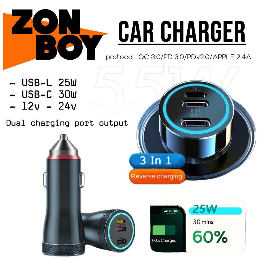 55W LED Dual USB C USB L Type C Car Charger Adapter PD QC Accessories 3 port Quick Fast Charging Lighter Socket Kereta