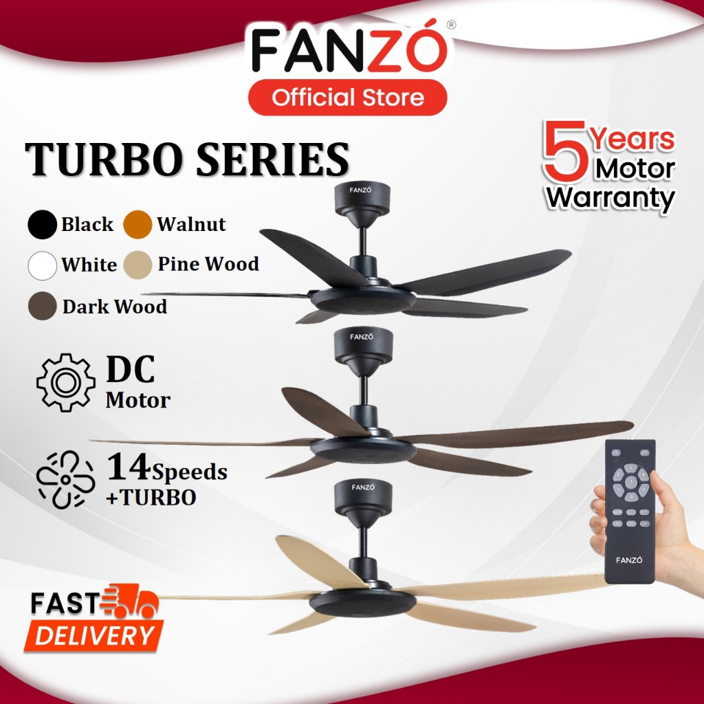 FANZÓ Turbo 5 Blades DC Motor Ceiling Fan With 14 Speeds + Turbo Remote Control - Matte Black/White/Walnut (46" / 56")