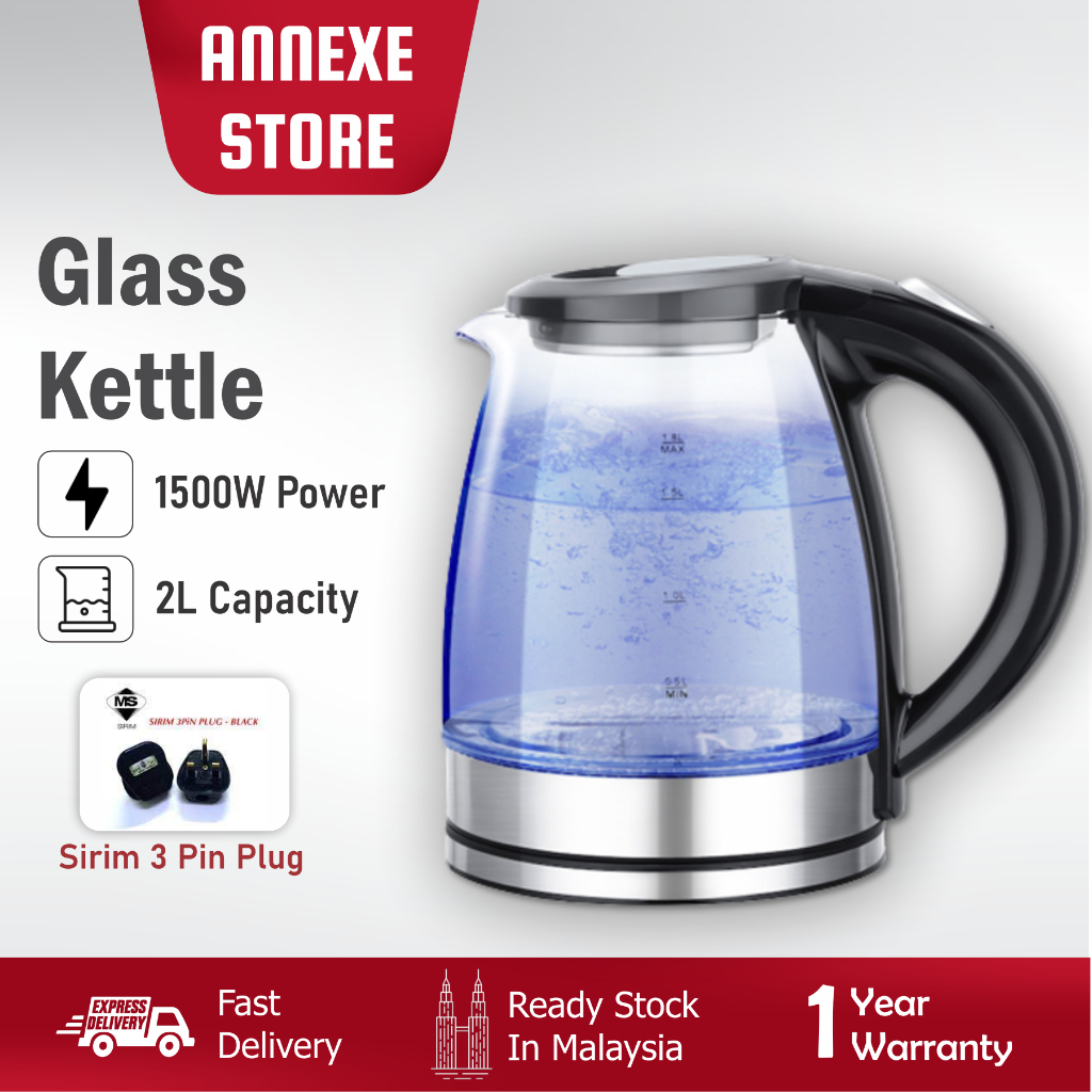 Electric Kettle 2L Glass Electric Tea Kettle (BPA Free) Cordless with LED Indicator Lights, Water Boiler with Boil-Dry