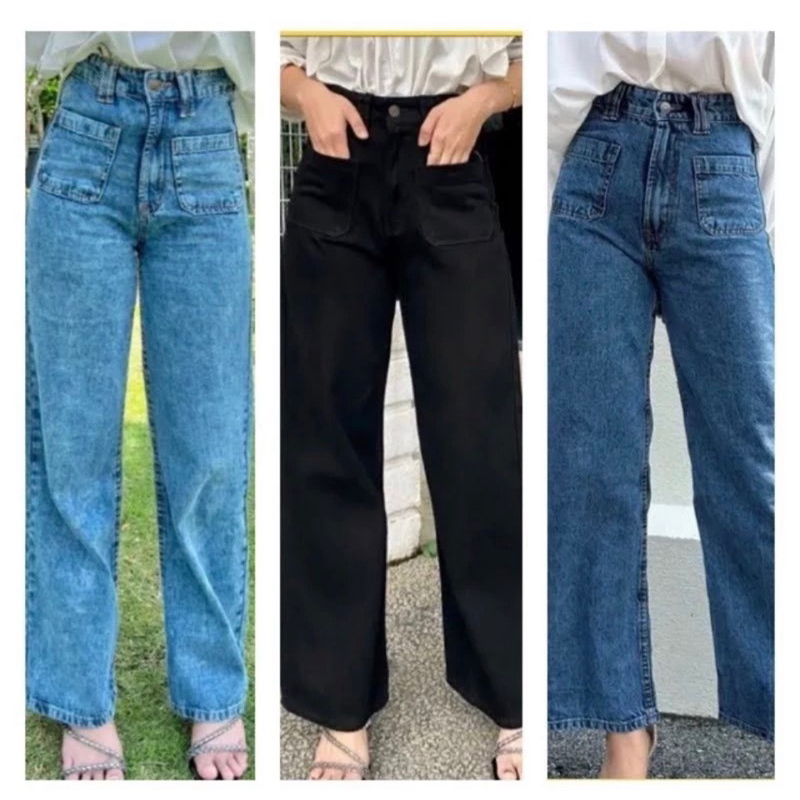 Seluar Kitty Pocket Wide Leg Front Pocket TT Palazzo Untuck Perempuan High Quality Long Pant Wide Leg Jeans TT Pocket