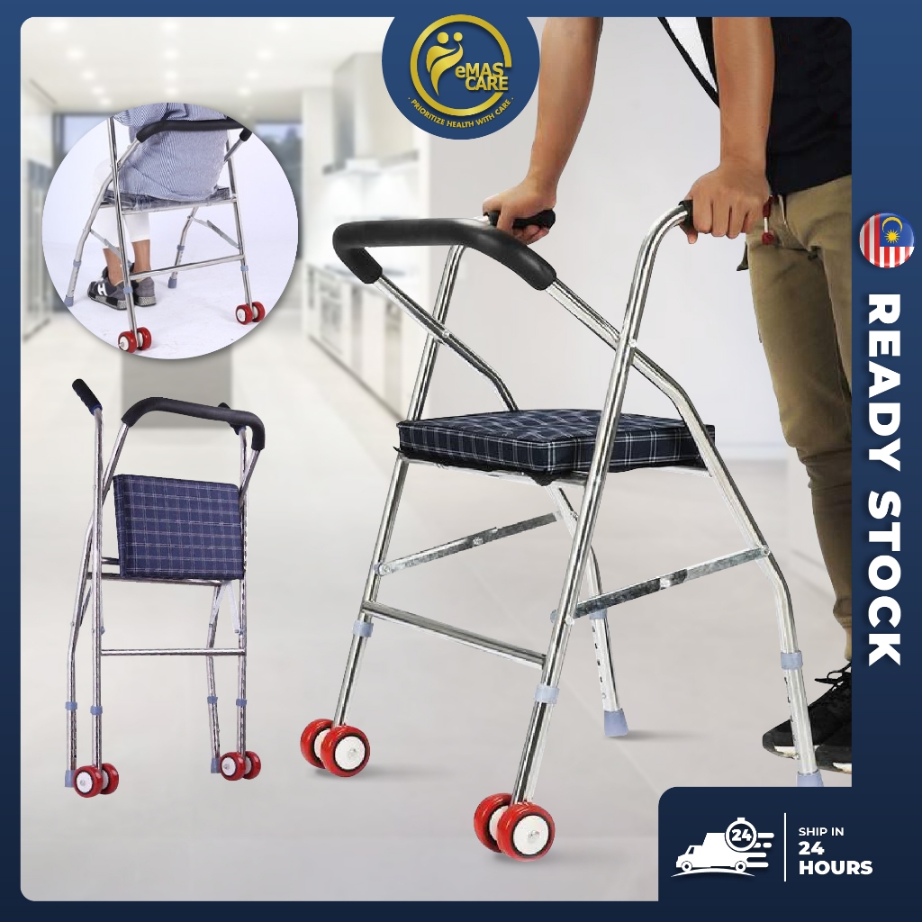 Stainless Steel Walker Walking Frame Crutch Walker Walking Aid With Seat & 4 Front Wheels Tongkat Bantu Jalan