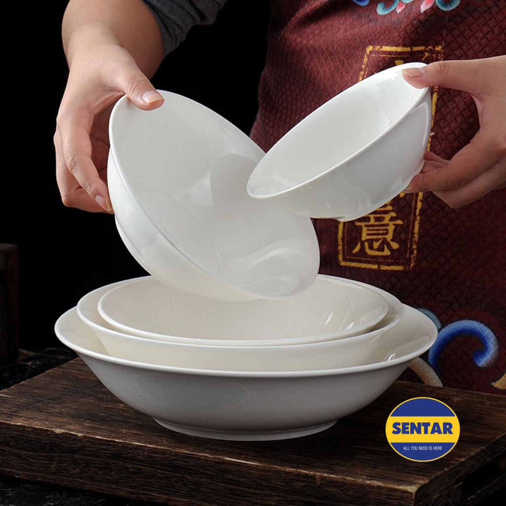 100% Ready Stock White Porcelain Ceramic Deep Bowl Mangkuk Sup Salad Prawn Mee Noodle Laksa Soup Bowl