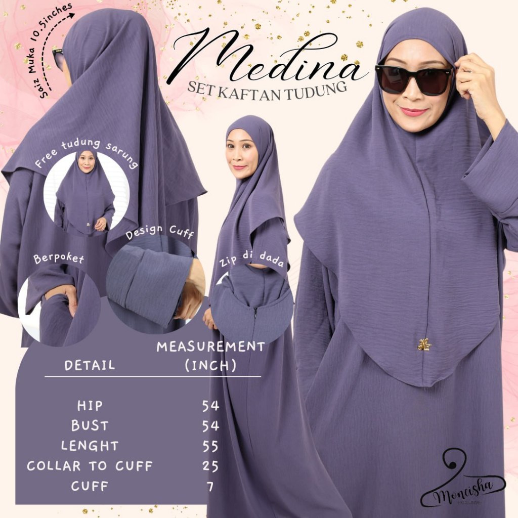 KAFTAN MEDINA SEKALI TUDUNG | MUSLIMAH MESRA UMRAH DAN TRAVEL PALING BEST WANITA BAJU RAYA IRONLESS | KAIN CEY CREPE WIT