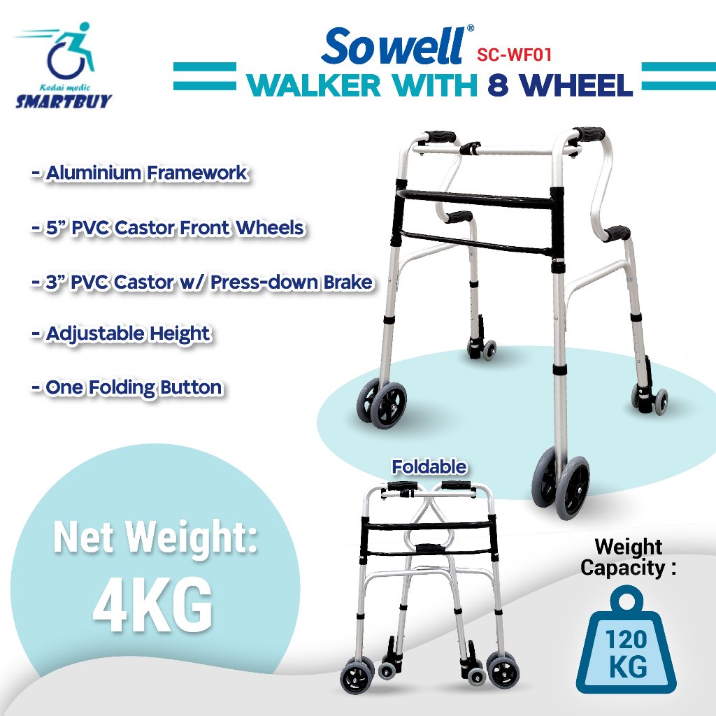 Sowell Aluminium Walker with Seat / 8 Wheels | Foldable, Adjustable Height, Multi-Functional Walking Aid ( Tongkat )