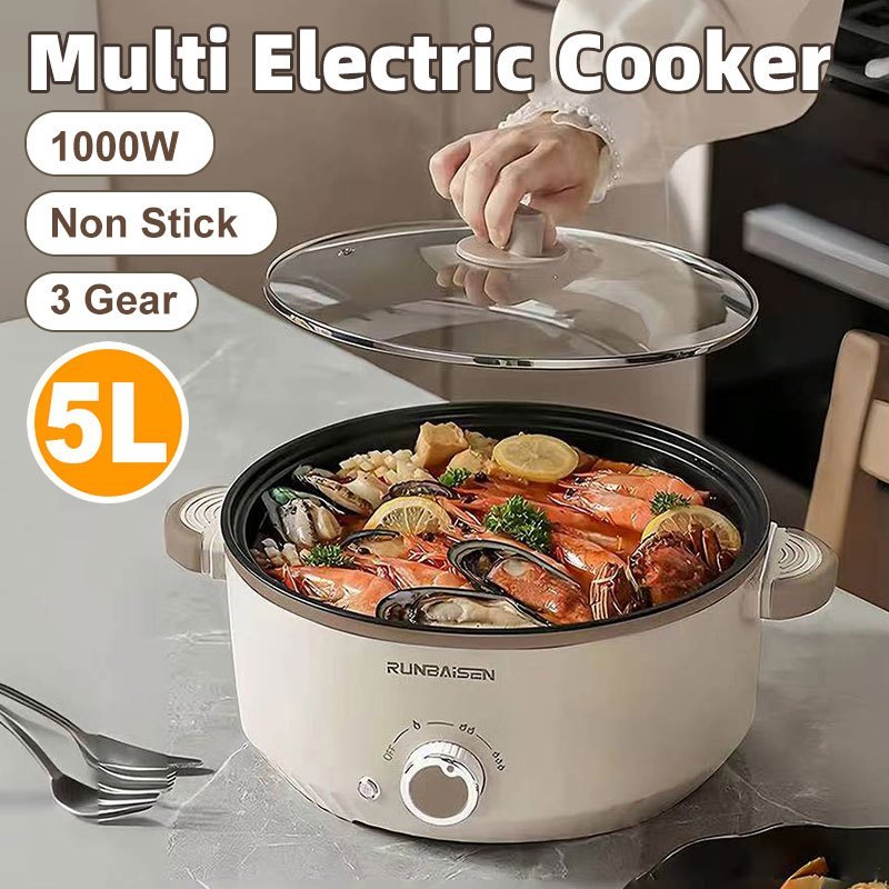 5L Large Capacity Electric Cooker with Steamer 1000W Non-stick Multi-Functional Electric Pot Hot Pot Cooking Pan