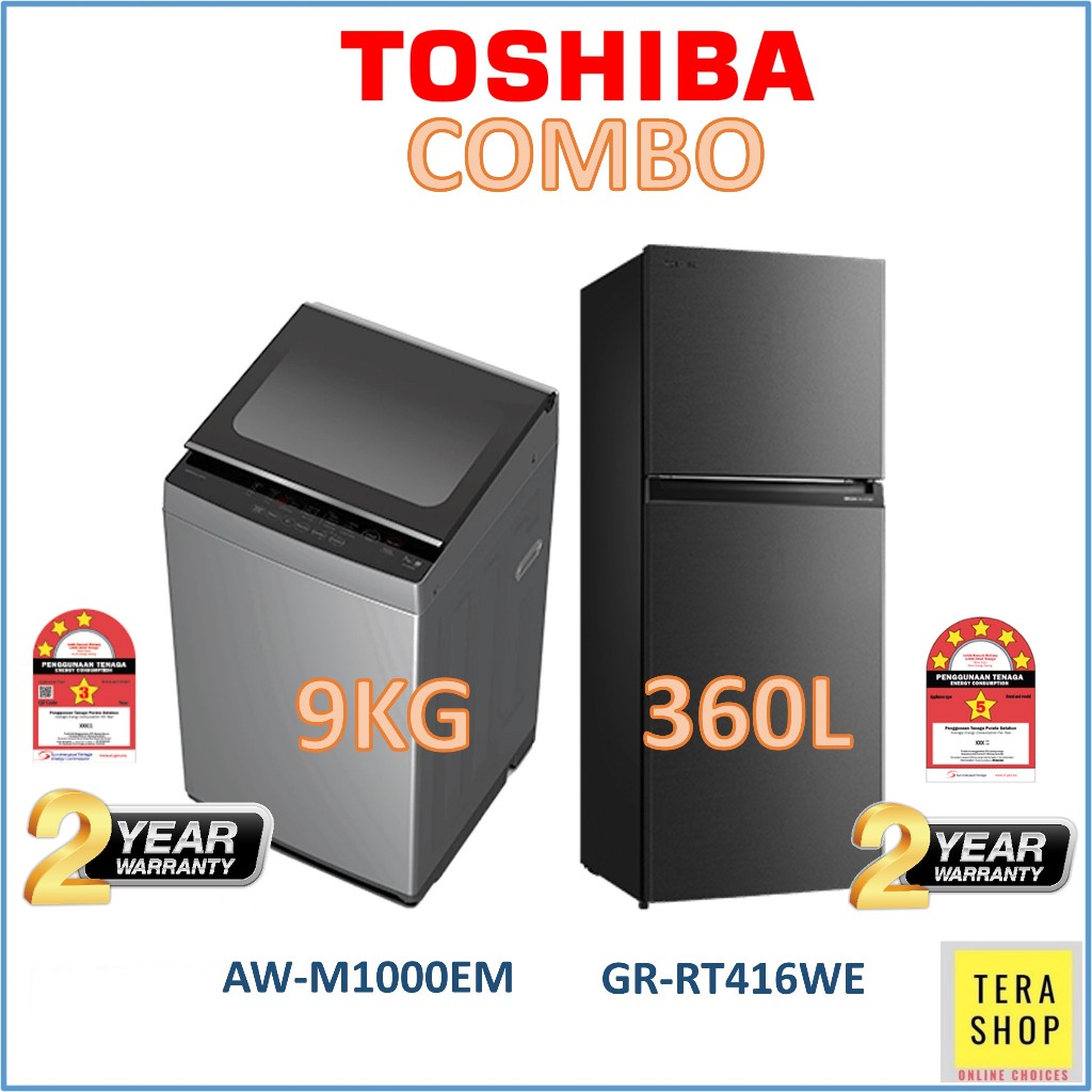 【COMBO】Toshiba RT416 360L Refrigerator Peti Sejuk M1000EM(SG) 9KG Washing Machine Mesin Basuh