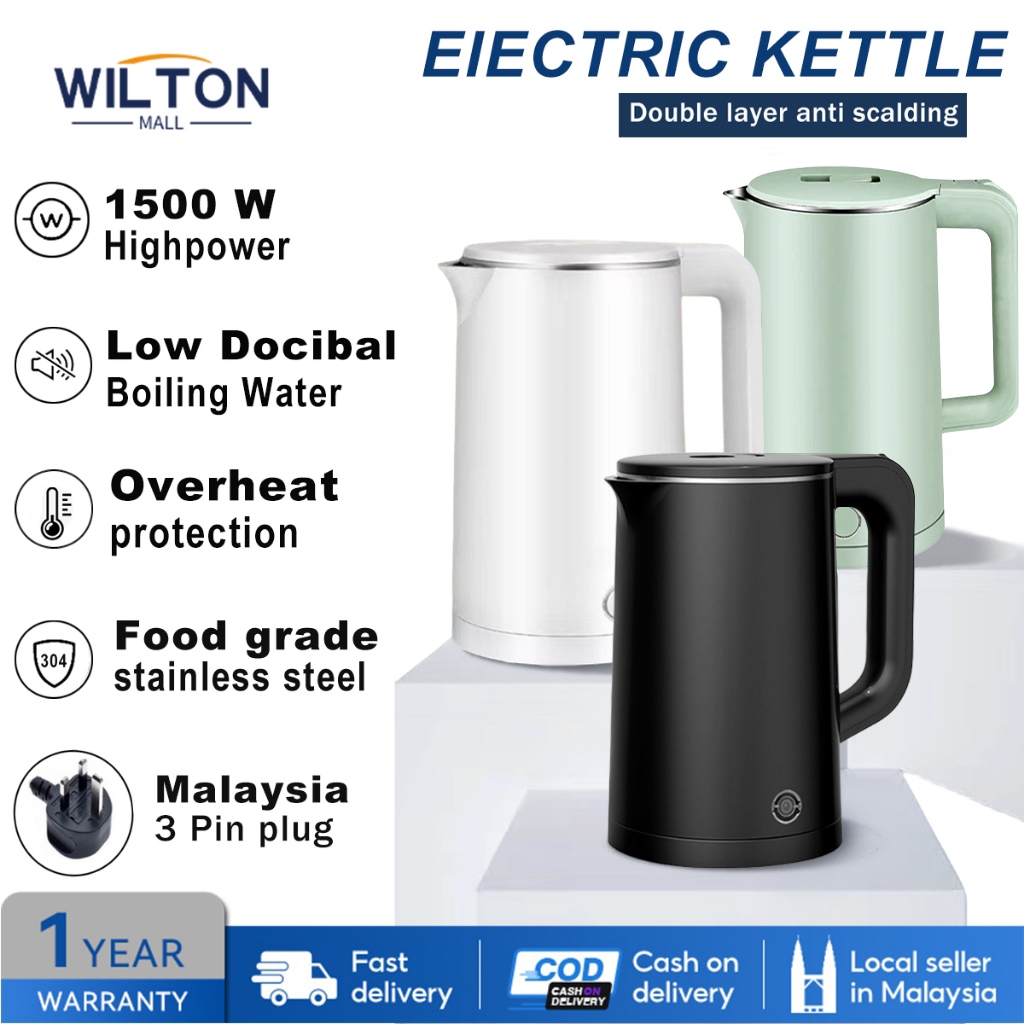 【READY STOCK】Electric kettle 1500W 2.3L Stainless Steel 304 Double wall insulation cerek elektrik