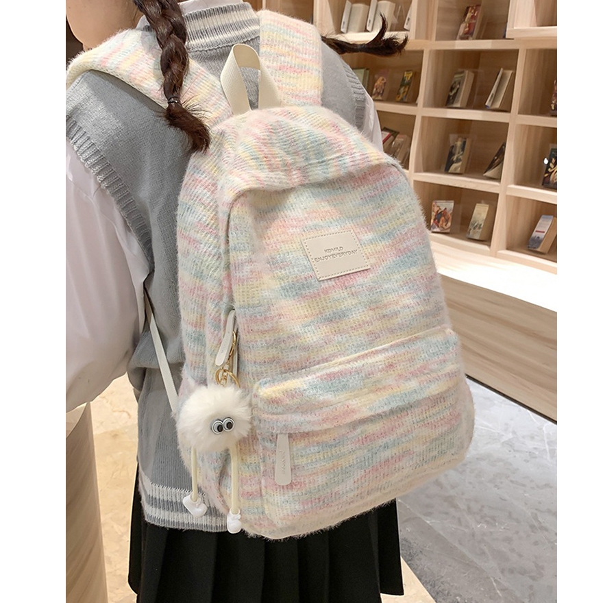 Rainbow Plush Knitted School Bag Women's Japanese Style Ins Style Backpack Student Versatile Large School Bag