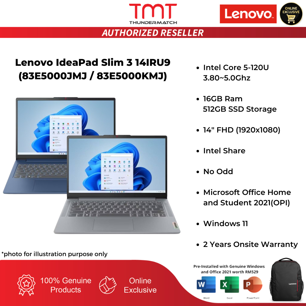 Lenovo IdeaPad Slim 3 14IRU9 (83E5000JMJ/83E5000KMJ) Laptop | Intel Core 5-120U | 16GB RAM 512GB SSD