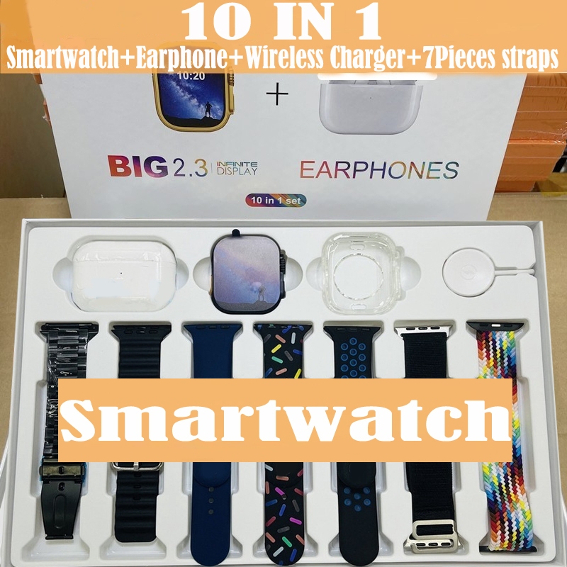 10 In 1 Smart Watch Set 49mm Screen Sport Fitness SmartWatch With Earphones, Charger, Straps, Smart Watch For Men Women