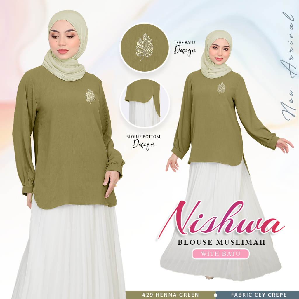 * New Arrival * Nishwa Blouse Muslimah with Leaf Batu Design by Modest Glam Fashion