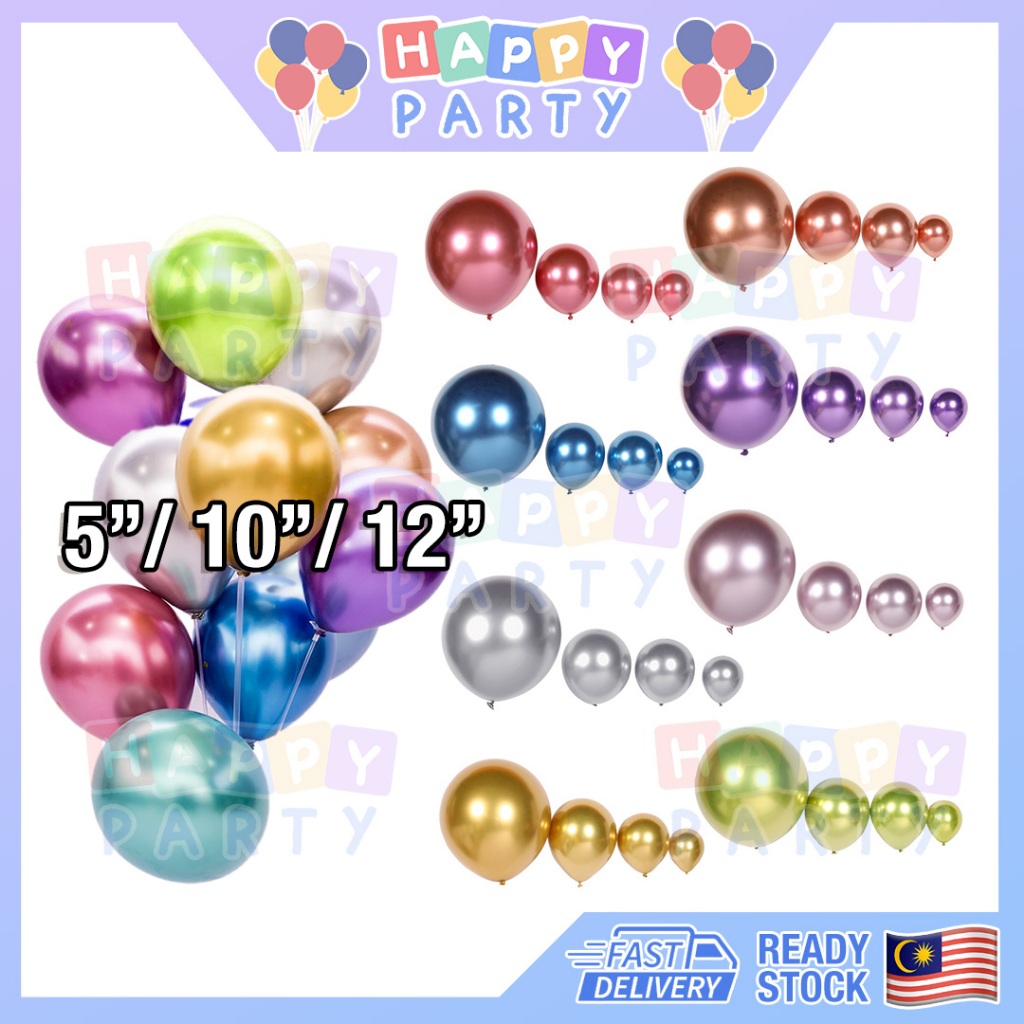 READY STOCK5/10/12 Inch Party Balloon Latex Balloons Metallic Color Shining Chrome Latex Belon Birthday Party Decor 气球