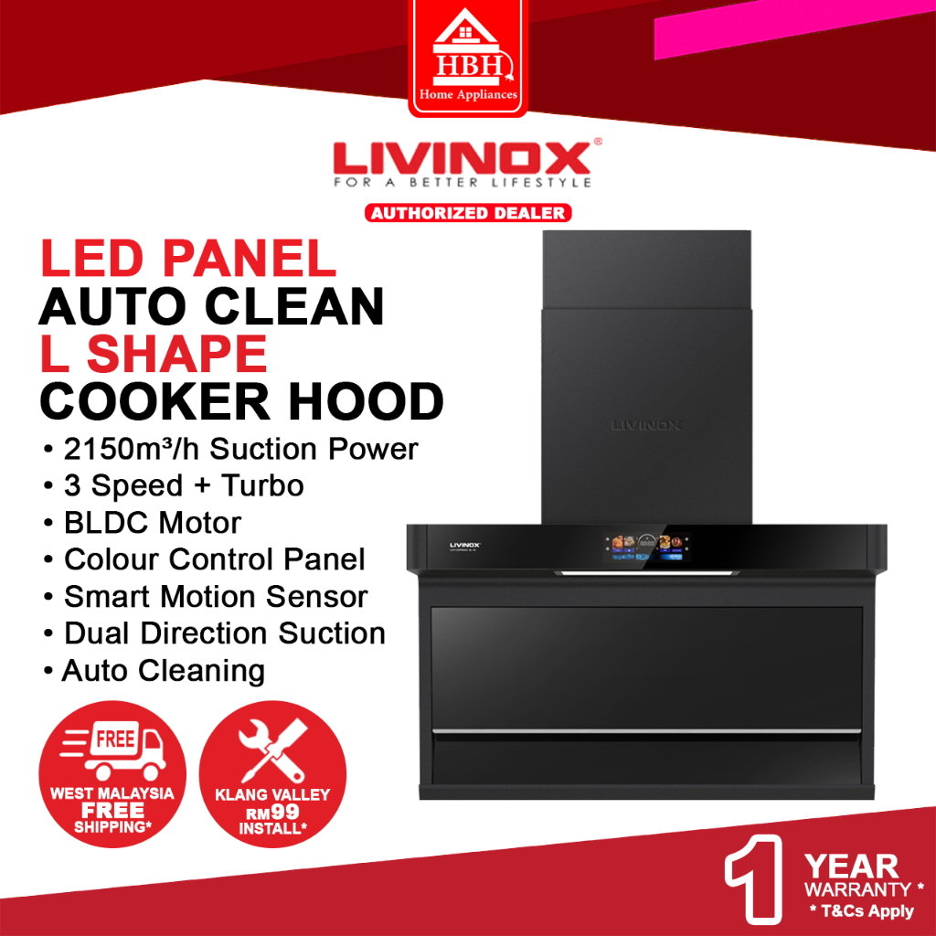 (RM99 INSTALL) Livinox 2150m³/h BLDC L Shape LED Panel Cooker Kitchen Hood LCH-COPPERDC-BL-90 LCH-COPPERDC-GM-90BL