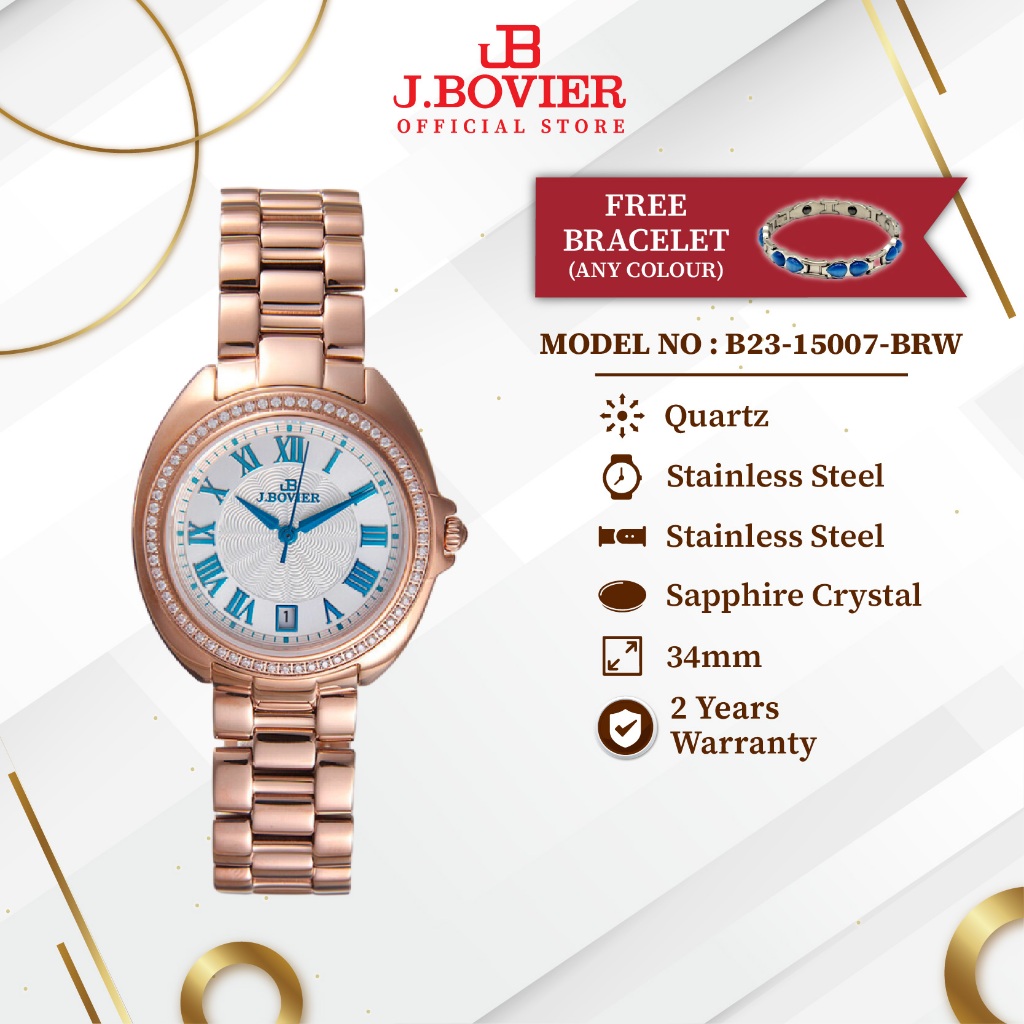 [2 Years Warranty] J.Bovier Diamond Quartz Women Watch Jam Tangan Wanita B23-15007-BRW