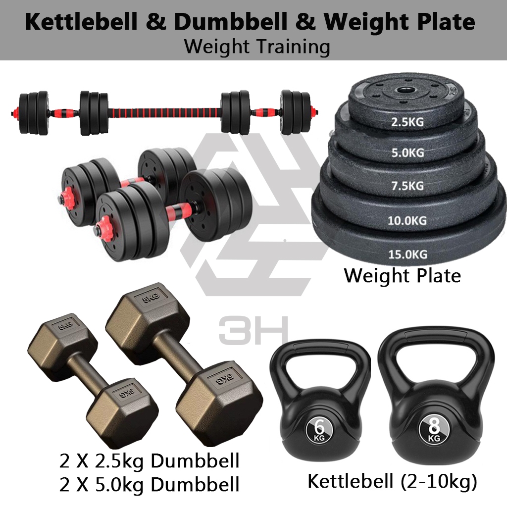 3H Set Kettlebell & Dumbbell | Hexagon Dumbbell, Plat Berat & Set Kombinasi Untuk Gym & Angkat Berat