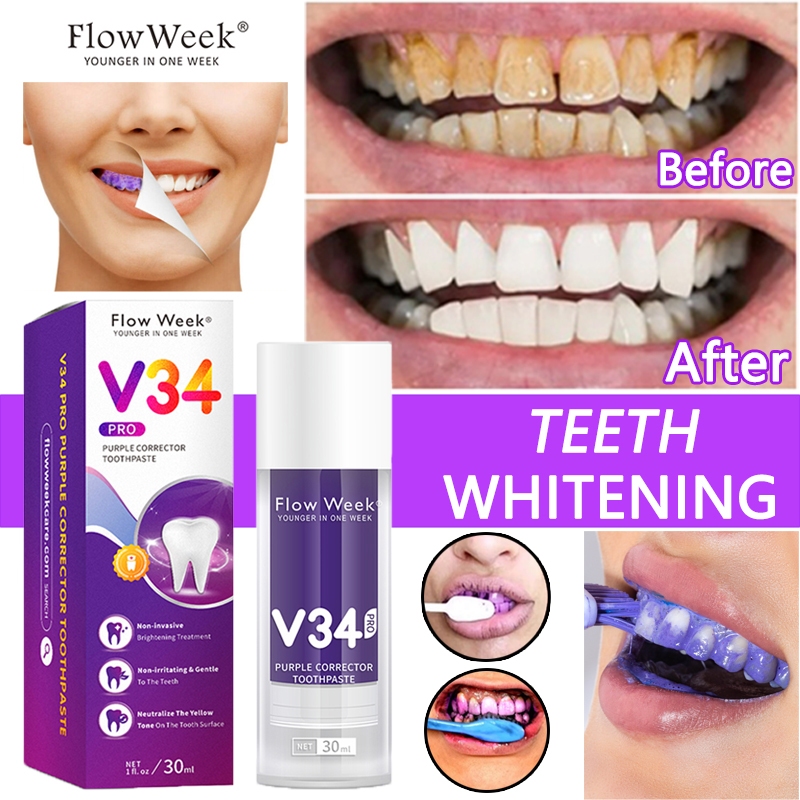 FlowWeek Teeth Whitening Toothpaste V34Pro Purple Toothpaste Ubat Pemutih Gigi Putih Dental Colour Corrector 美白牙齿 牙膏