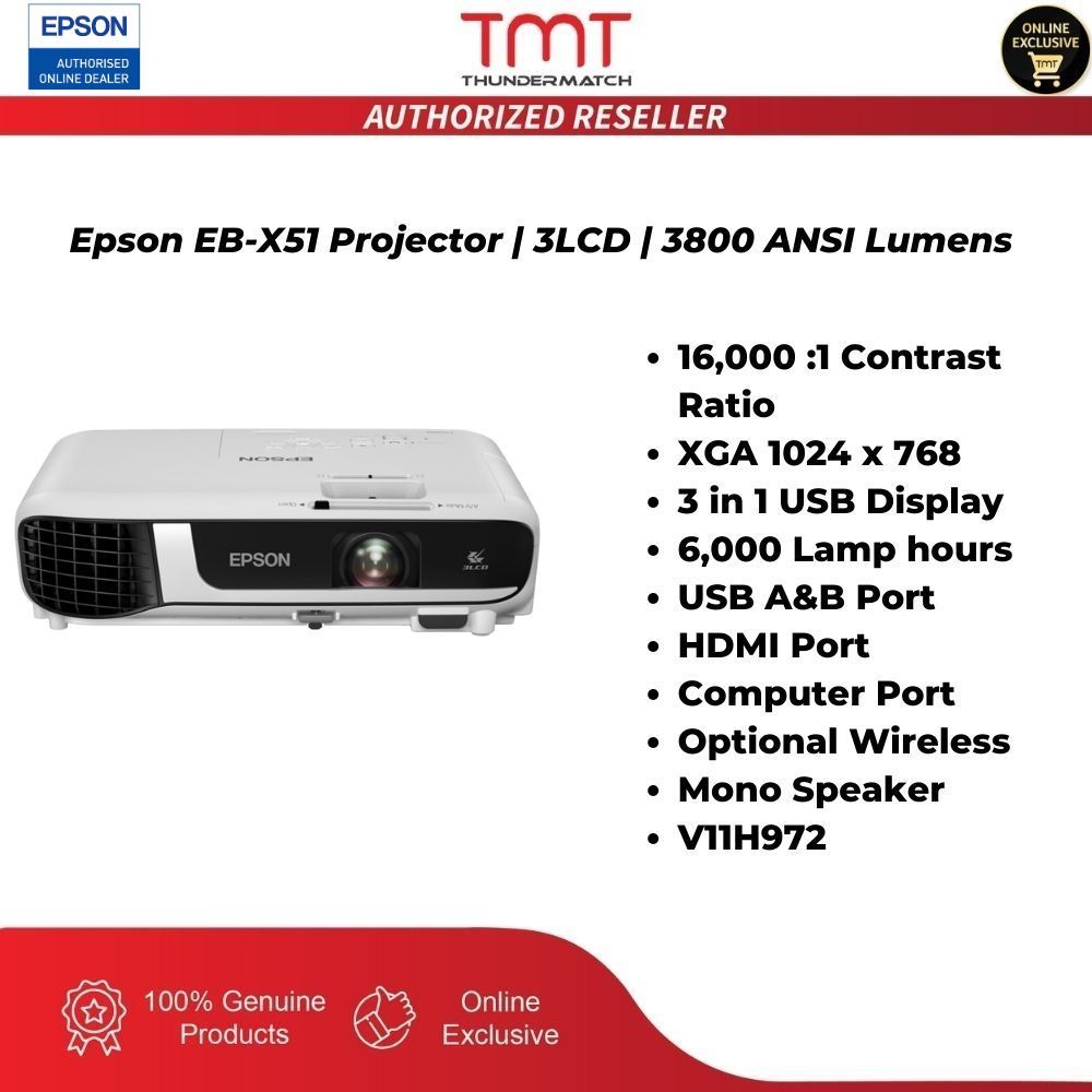 Epson EB-X51 Projector | 3LCD | 3800 ANSI Lumens | V11H972