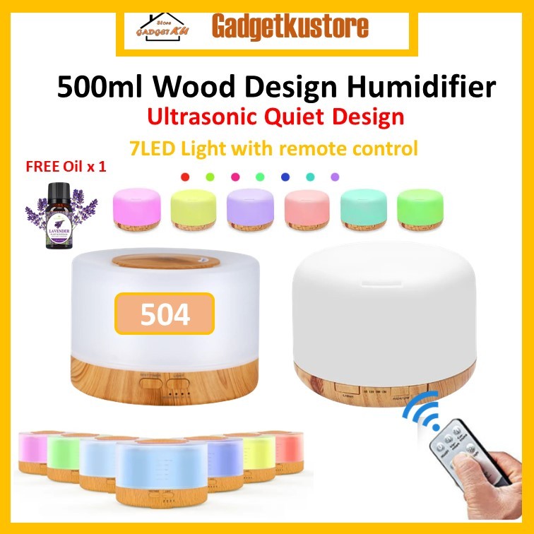 [FREE OIL] 500ml Ultrasonic Wood Design Humidifier 7LED Light with remote control for home office Relaxing