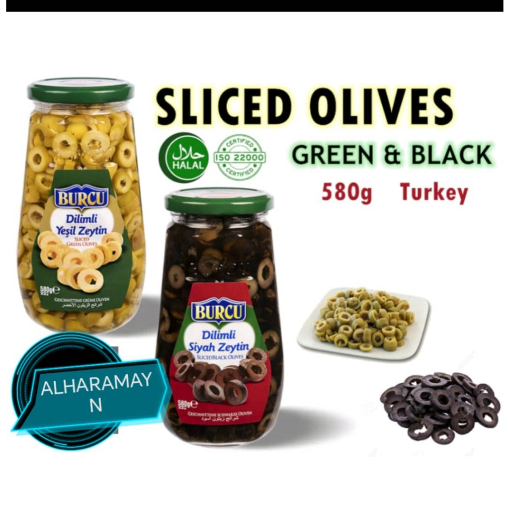 BURCU SLIC GREEN &black olive whole \zaitun hijau \hitam potong( 580gm0