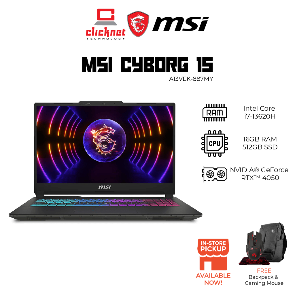 MSI CYBORG 15 A13VEK-887MY GAMING LAPTOP (I7-13620H, 16GB DDR5 RAM, 512GB SSD, RTX 4050_6GB,15.6" FHD 144Hz, BLACK- W11H