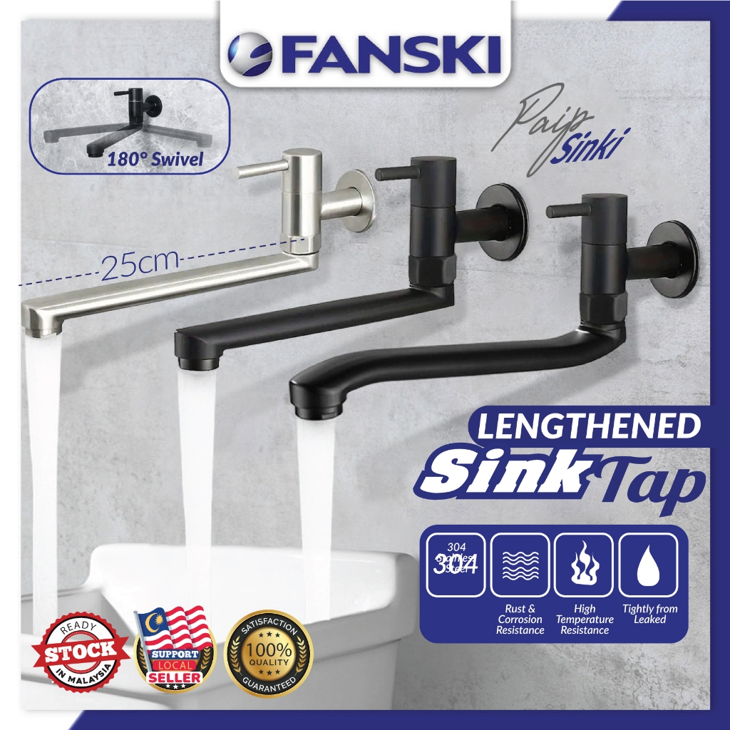 25CM Lengthened Sink Tap Wall Mounted Swivel Stainless Steel Water Kitchen Long Faucet Kepala Paip Panjang Sinki Dapur
