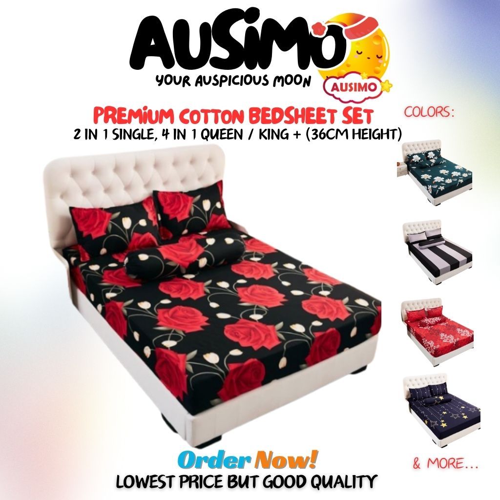 #52 AUSIMO 880TC Kain Tebal Cadar Bergetah Keliling!4 in 1 King Queen/2 in1 Single Premium Cotton Bedsheet Set Cadar