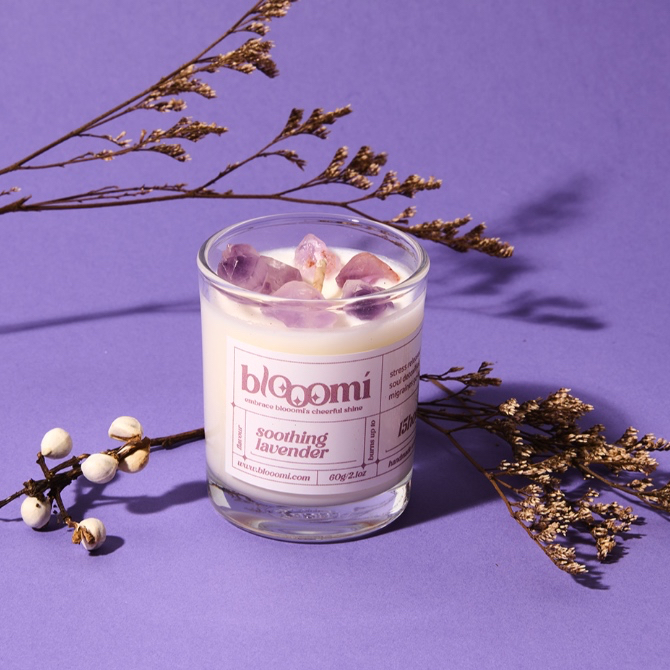 Blooomi Lavender Amethyst Candle: Your Nighttime Relaxation Ritual; Lavender Candle, Deep Sleep Kit