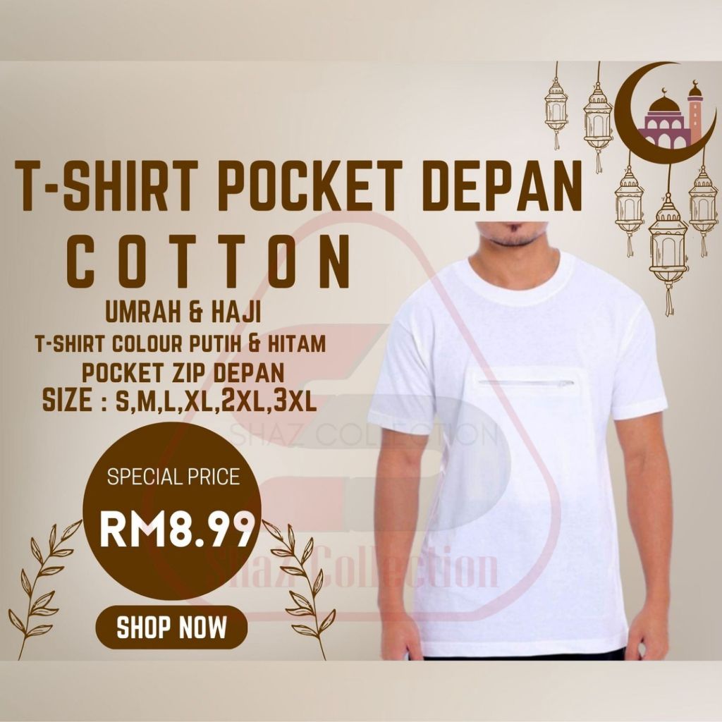 T-Shirt Al Hera Baju Haji & Umrah Lelaki Berzip Baju Haji Putih Dan Hitam