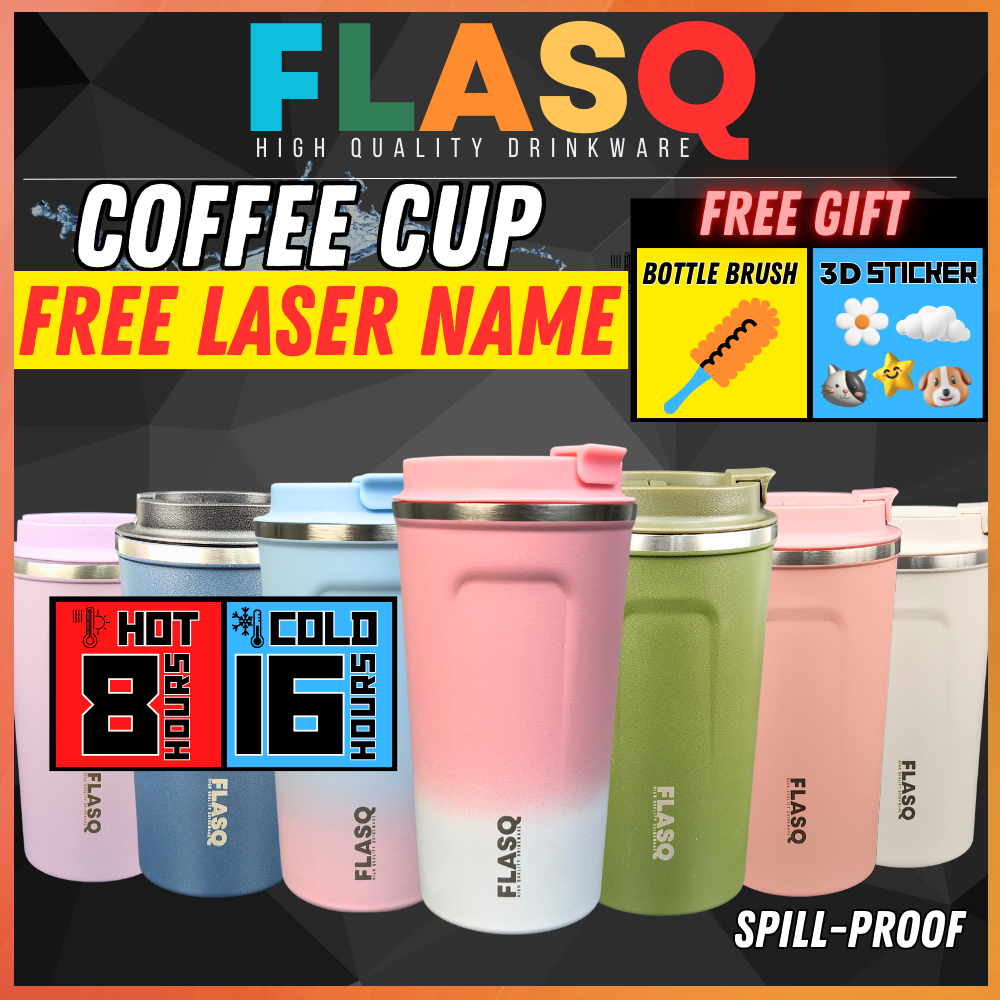 FLASQ 510ML Coffee Cup Mug Vacuum Flask Cawan Kopi Tumbler Tahan Sejuk Thermos Stainless Steel with Lid Travel Mug