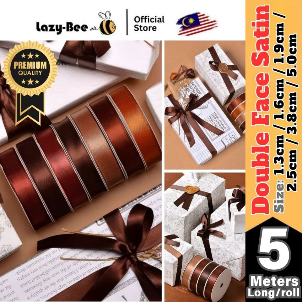 LAZY BEE 5 Meters Golden Brown Chipmunk Turftan Double Faced Satin Ribbon Gift Wrap Decoration Reben Riben Ribon Florist