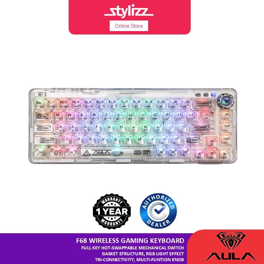 AULA F68 MECHANICAL WIRELESS GAMING KEYBOARD - 65% LAYOUT, HOT-SWAPPABLE, RGB LIGHTING EFFECT, 3-IN-