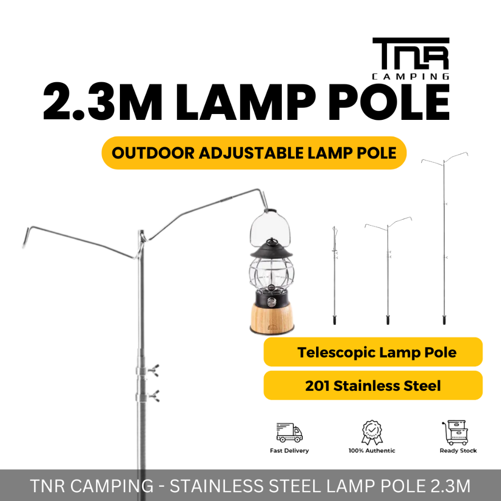 TNR CAMPING - 2.3M ADJUSTABLE LAMP POLE 201 STAINLESS STEEL TELESCOPIC GROUND POLE OUTDOOR CAMPING