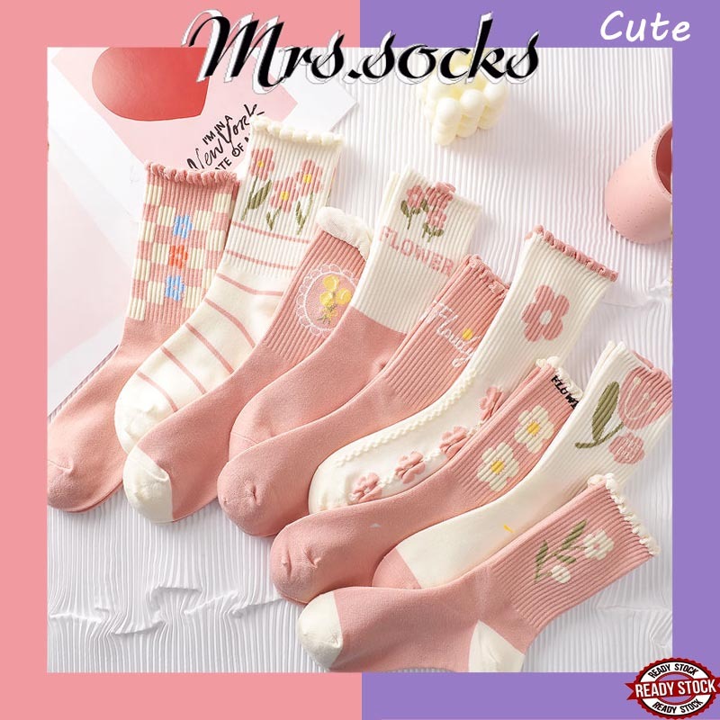 Mrs.socks Flower Pink Corak Ins Cute Sock Long Socks Women Stokin Panjang Wanita Stoking Comel Stocking Woman 袜子女 襪子女