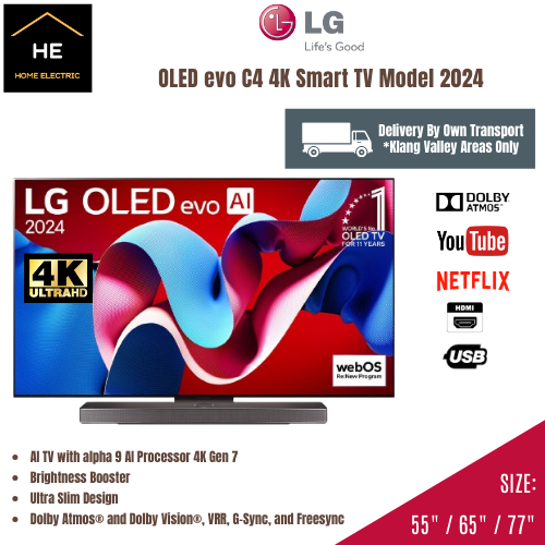 LG 55 / 65 / 77 Inch OLED C4 OLED EVO 4K Smart AI TV OLED55C4PSA OLED65C4PSA OLED77C4PSA 2024 电视机
