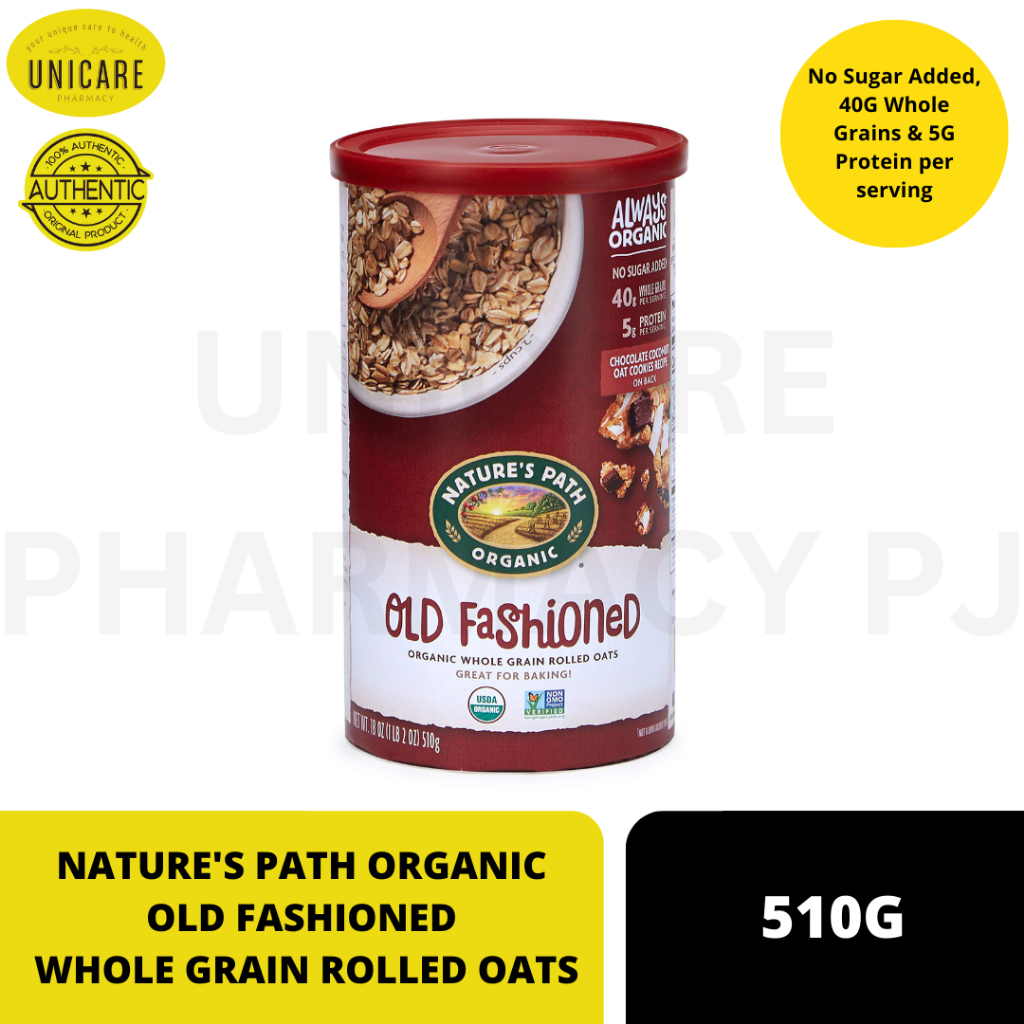 NATURE'S PATH ORGANIC OLD FASHIONED WHOLE GRAIN ROLLED OATS 510G. No sugar added, Vegan, Great for Baking