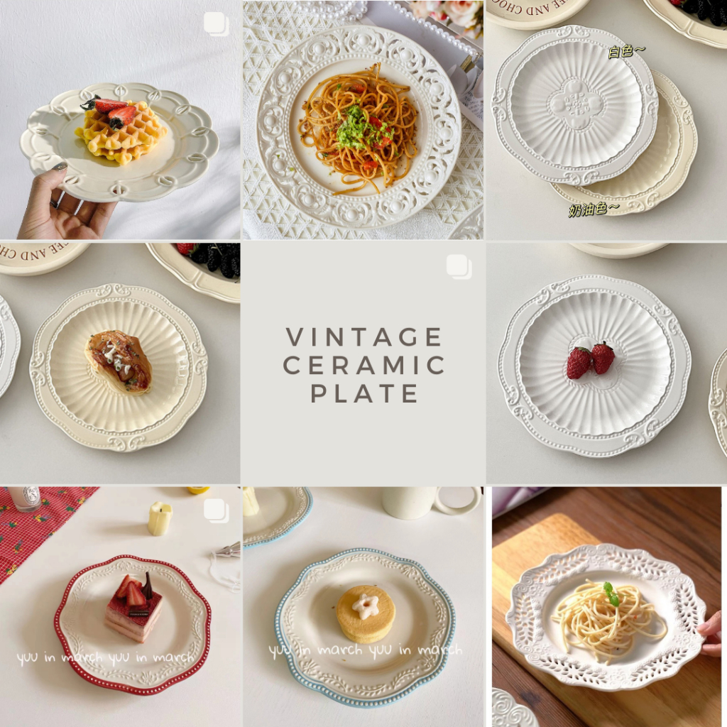 【Ready Stock】 Korean INS Vintage Europe Nordic Ceramic Plate, Fruit Dessert Plate, Embossed Europe Plate,Seramik Pinggan