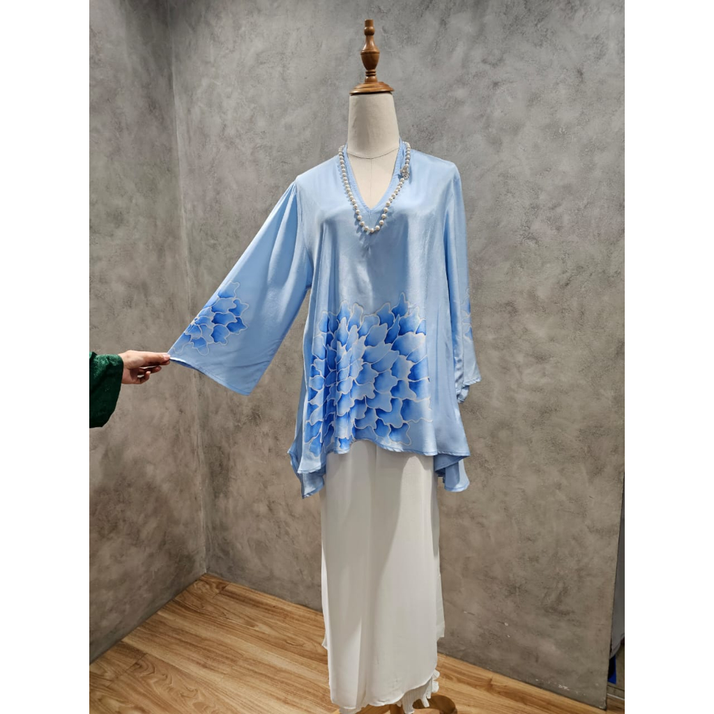 LIZARA - Batik Tunic Blouse Sky Blue with Flowers Longsleeve