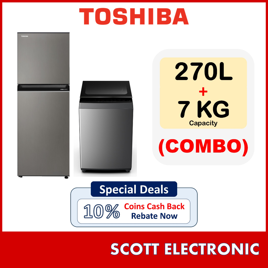 (COMBO DEAL) TOSHIBA 270L 2 Doors Inverter Refrigerator GR-RT300WE-PMY + TOSHIBA 7KG Fully Auto Washing Machine AW-M801