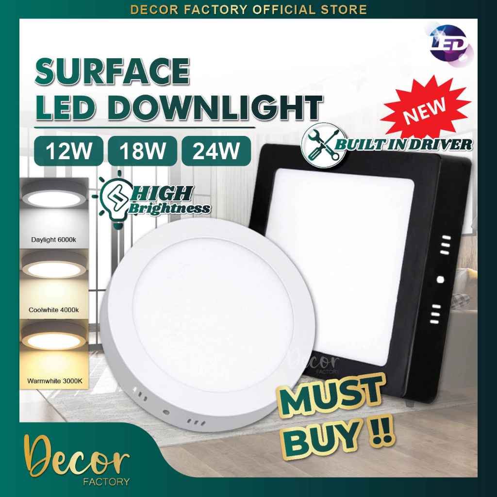 [2 Years Warranty] LED Surface Downlight LED Surface Light 12W 18W 24W Lampu Ceiling Light Black LED Surface Mount