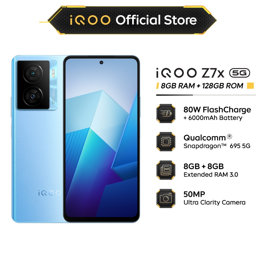 vivo iQOO Z7x 8+128 5G | 80W + 6000 mAh| Snapdragon 695 5G | 8GB+8GB Extended RAM | z7