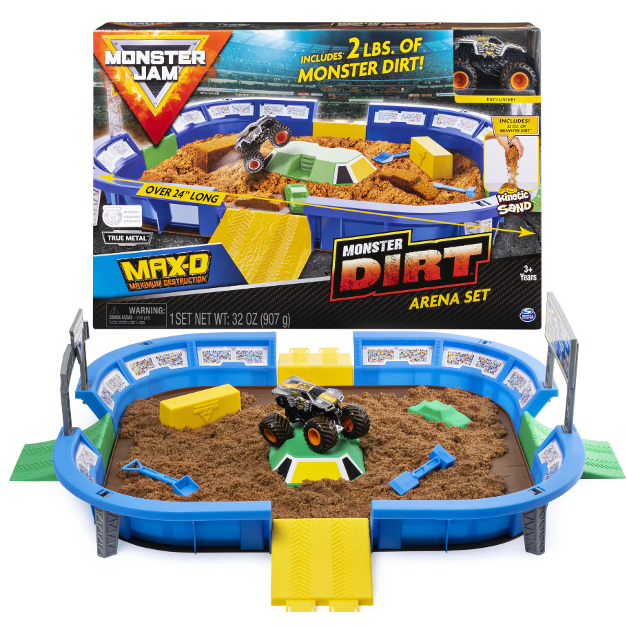 Monster Jam, Monster Dirt Arena 24-inch Playset with 2lbs of Monster Dir t& Exclusive 1:64 Scale Die-Cast Max-D