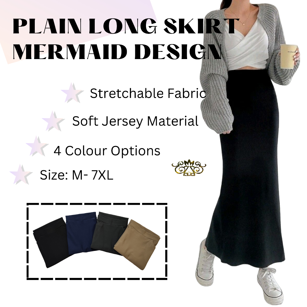 EZZE Ladies Plain Stretchable Mermaid Fishtail Muslimah Long Skirt Kain Skirt Mermaid Plain Panjang Wanita Perempuan