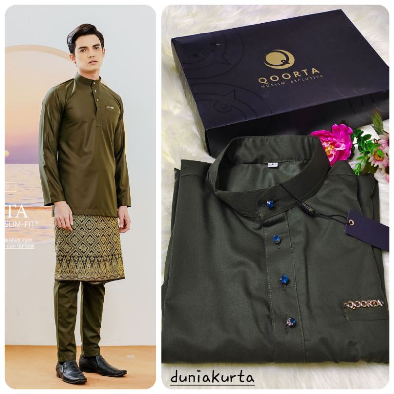 [FREE BUTANG ] BAJU MELAYU SLIMFIT QOORTA OLIVE GREEN. BAJU MELAYU OLIVE GREEN