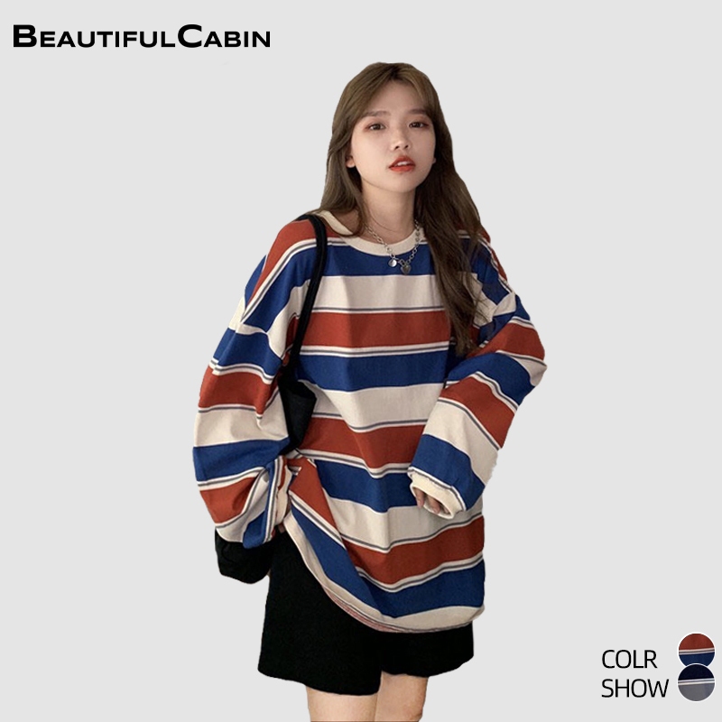 MY Ready Stock Striped Top Blouse Women's Long Sleeve Loose Large Size Casual T Shirt Student Couple Top SZ210