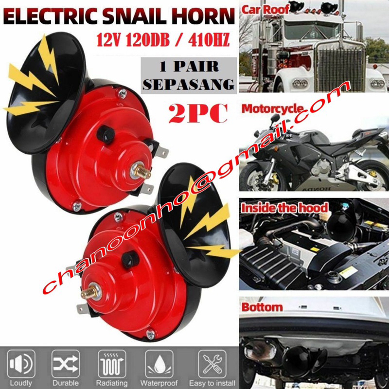 2Pc Horn Super Loud 120DB Snail Air Horn Siren Car Motorcycle Hon Kereta Motosikal Electric Siren Snail Loud Train Horn