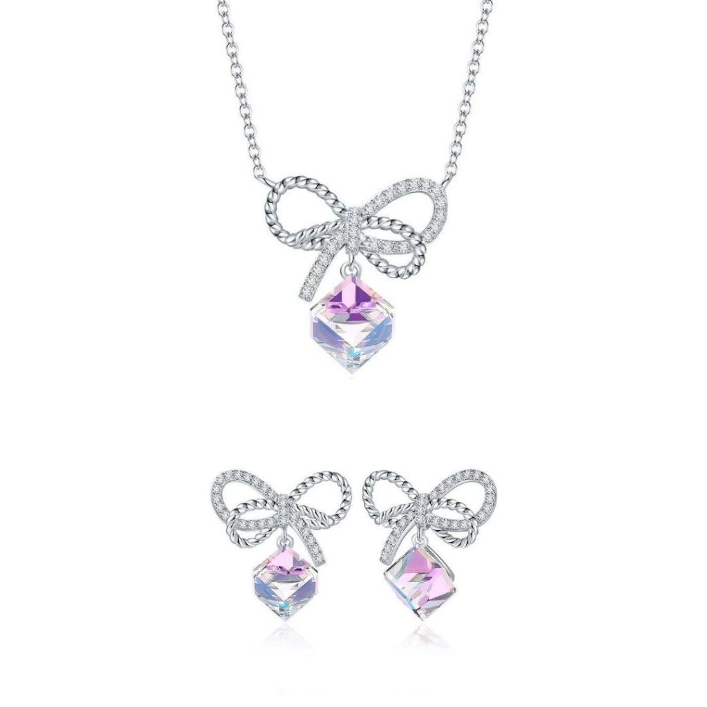 JERICA JEWELRY 925 Sterling Silver Bow Crystal Earring and Necklace Set