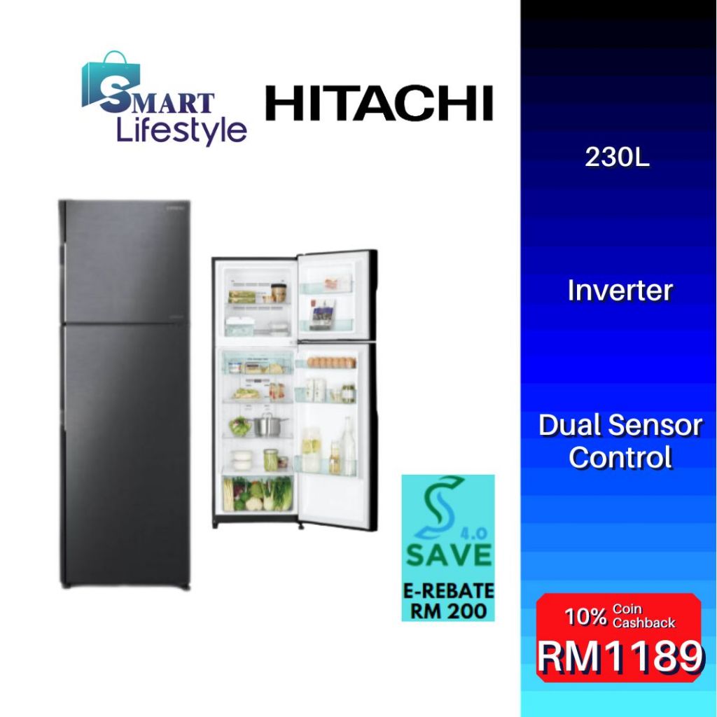 《Save 4.0》Hitachi Line Inverter 2-Door Refridgerator (253L) R-H275P7MBBK